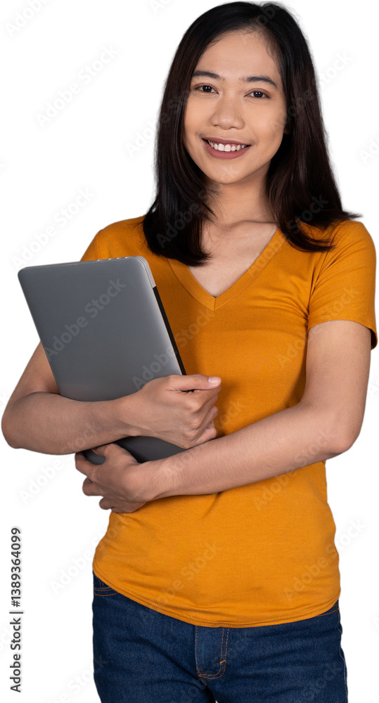 Portrait of a Young Woman Holding a Laptop with a Confident Smile Isolated Transparent Portrait of a Young Woman Holding a Laptop with a Confident Smile Isolated Transparent