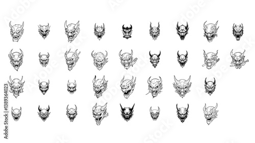 Japanese Oni Mask Logo Pack Traditional Demon Head Line Art Illustration