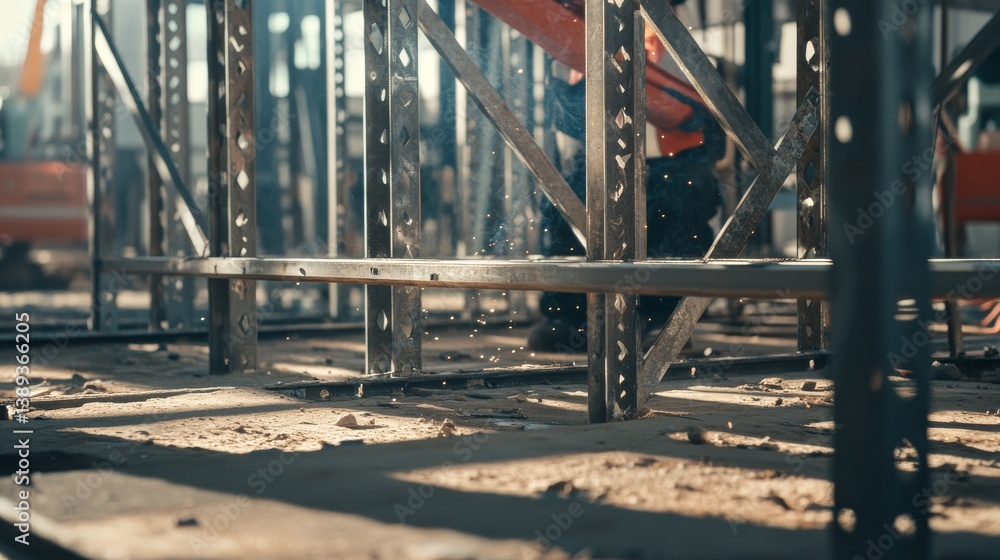 A construction worker assembling metal frames for a building at a construction site. Featuring coordination and focus A construction worker assembling metal frames for a building at a construction site. Featuring coordination and focus