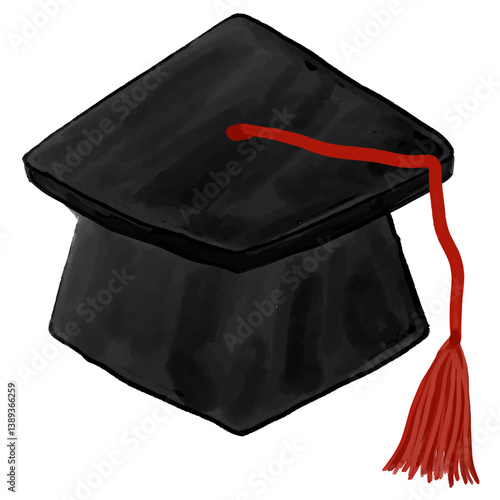 Cute Black Graduation cap hat mortarboard diploma with red tassel watercolor crayon hand drawn design illustration clipart transparent digital sticker