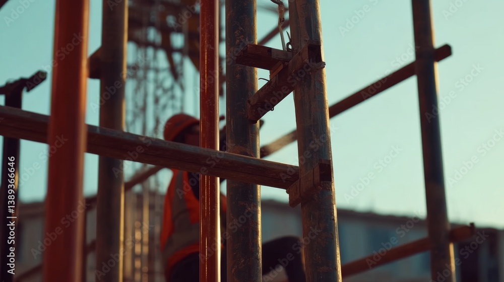 A construction worker assembling scaffolding at a building site. Featuring teamwork and care A construction worker assembling scaffolding at a building site. Featuring teamwork and care