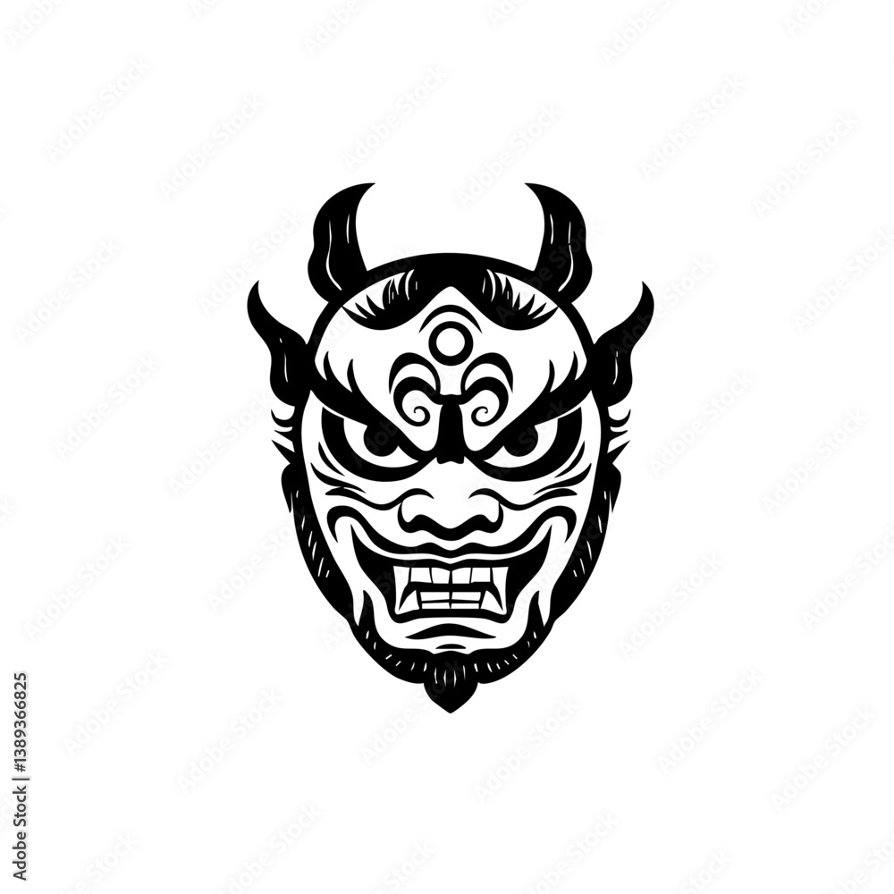 Fototapeta premium Ornate Demon Mask Logo Tribal Horned Spirit Face Illustration