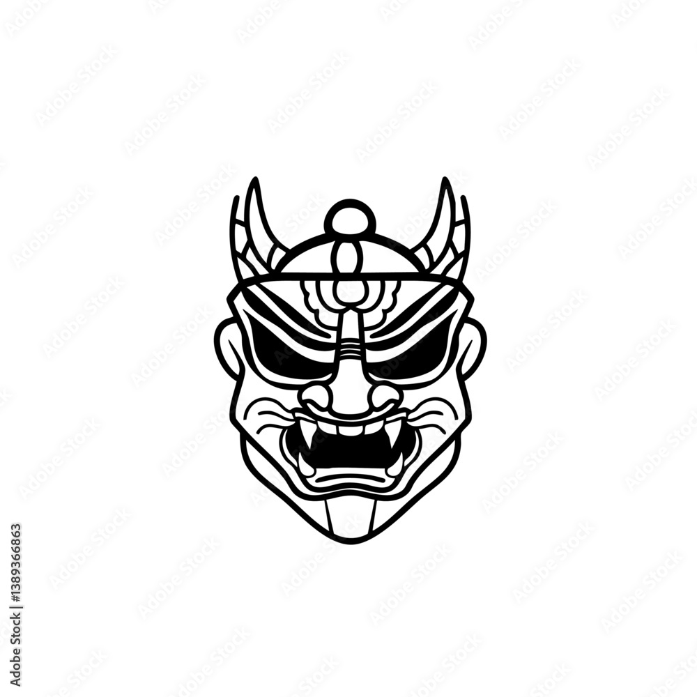 Fototapeta premium Ornate Demon Mask Logo Tribal Horned Spirit Face Illustration