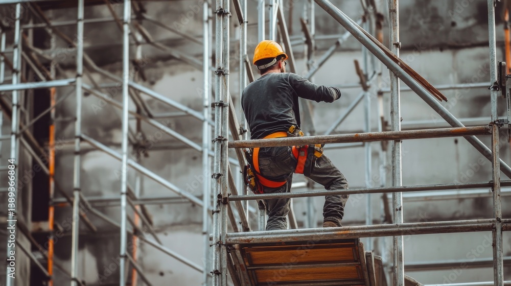 A construction worker assembling scaffolding at a building site. Featuring teamwork and coordination A construction worker assembling scaffolding at a building site. Featuring teamwork and coordination