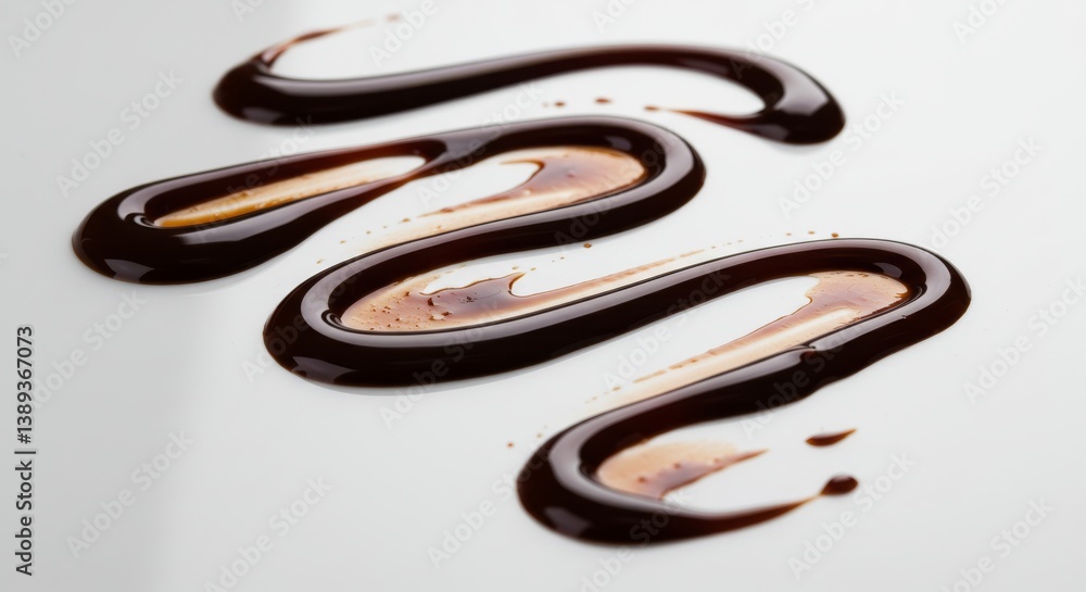 Naklejka premium Drizzled Chocolate Sauce - Close-up of dark chocolate sauce drizzled artistically on a white background. Perfect for food blogs, menus, and dessert recipes