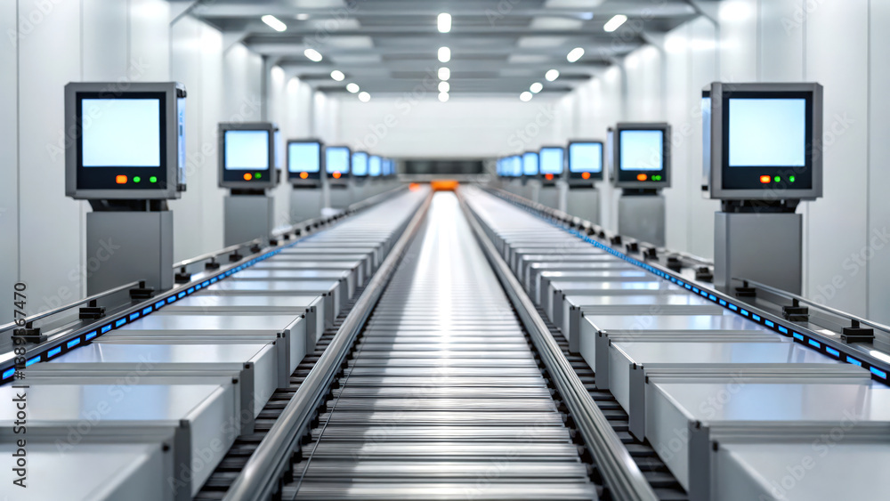 Fototapeta premium Digital transformation with industry 4.0, A modern conveyor system with multiple screen displays, designed for efficient product handling in a streamlined industrial environment.