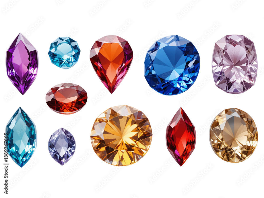 Fototapeta premium A set of high-resolution, transparent 3D crystal gems in various colors and shapes, isolated on a transparent background for luxury and jewelry-themed designs.