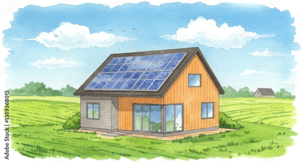 Watercolor Eco-Friendly Farmhouse with Solar Panels - Sustainable living, renewable energy, modern design, idyllic countryside Watercolor Eco-Friendly Farmhouse with Solar Panels - Sustainable living, renewable energy, modern design, idyllic countryside