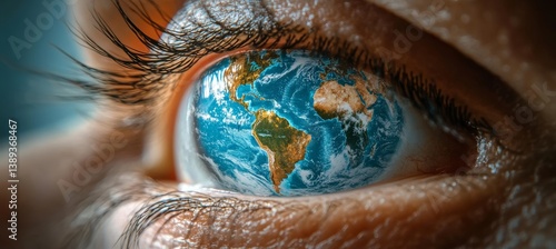 World Map Reflects In Human Eye Global Vision, Sustainability And Environmental Concept