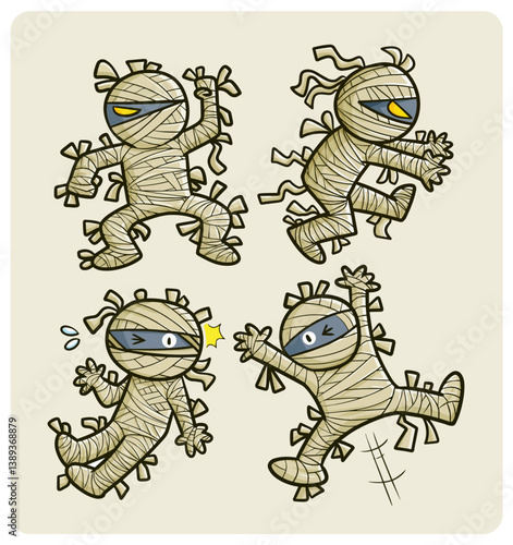 Funny full body mummy cartoon illustration set.