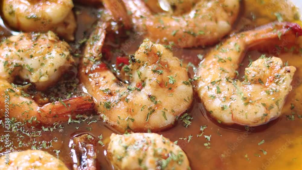 Close-up of Gambas al Ajillo — juicy prawns cooked in garlic-infused olive oil with a touch of chili and parsley Close-up of Gambas al Ajillo — juicy prawns cooked in garlic-infused olive oil with a touch of chili and parsley