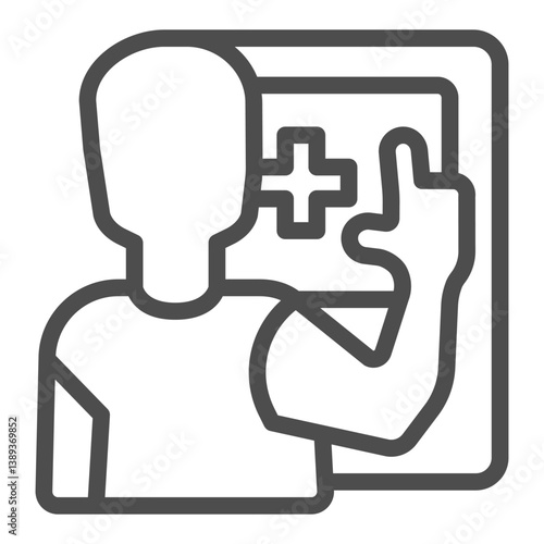 Customer choosing pharmacy line icon, healthcare concept. Vector graphics. Man with touch screen and medical app, customer sign on white background, outline style icon for mobile or web design.