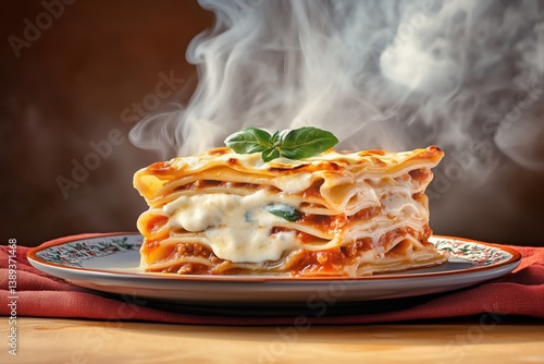 Steaming piece of beef lasagna with layers of tender pasta, bechamel, bright tomato sauce, topped with golden-brown mozzarella crust, decorated with basil leaves, placed on rustic ceramic plate
