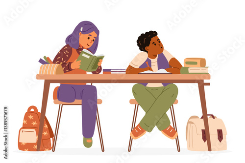 Two classmates a boy and a girl sitting at desk in classroom studying flat vector illustration isolated on white. Pupils sitting in pair at desk with school supplies and backpacks.