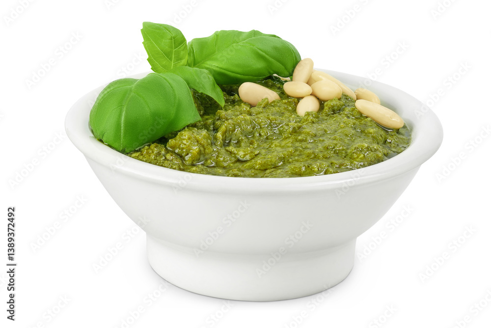 Pesto sauce in ceramic bowl isolated on white background