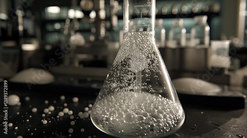 Close up of beaker with bubbling liquid as an acid base reaction creates effervescence