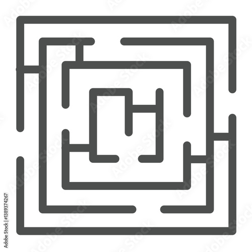 Square maze with entrance and exit line icon, wayfinding concept. Vector graphics. Labyrinth sign on white background, outline style icon for mobile or web design.