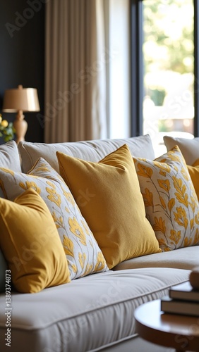 Elegant interior design featuring decorative pillows with vibrant yellow patterns on a cozy sofa in a modern living room setting