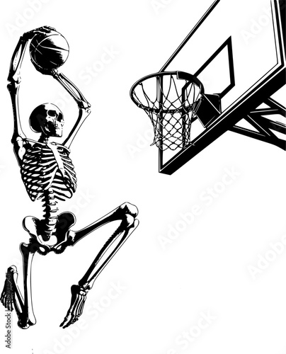 Skeleton Basketball Dunk Vector - Black and White Sports Illustration