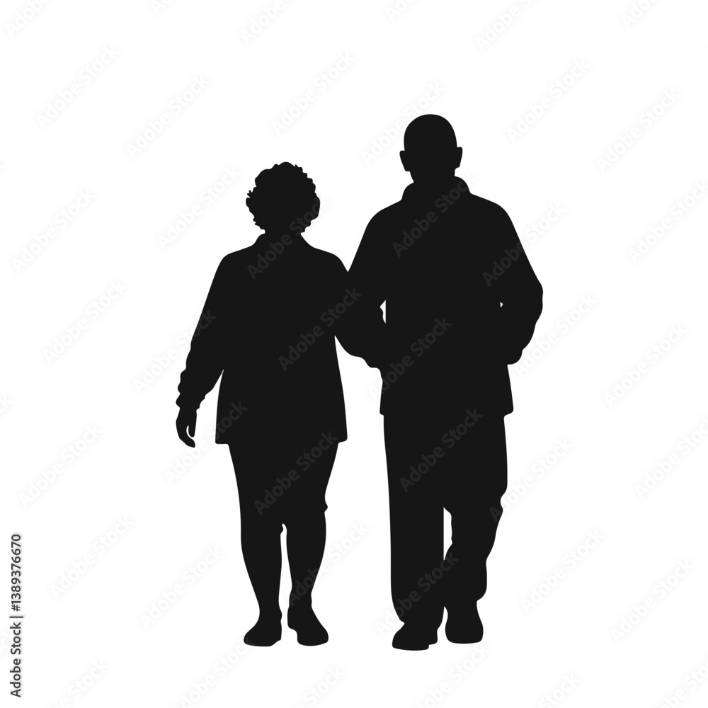 Elderly couple walking hand in hand against a plain background Elderly couple walking hand in hand against a plain background