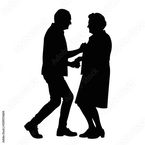 Elderly couple dancing joyfully in silhouette  