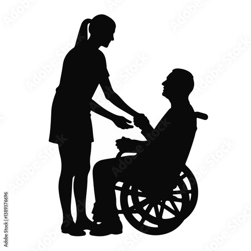 Elderly man receiving assistance from caregiver in silhouette  