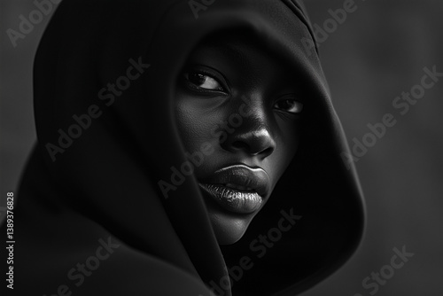 Striking black and white close-up portrait of woman in hoodie