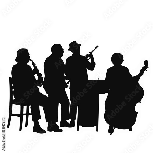 Elderly musicians performing in silhouette against a white background  