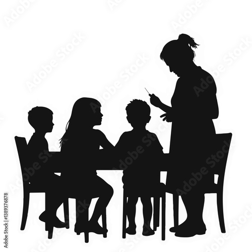 Elderly woman teaching children at a table  