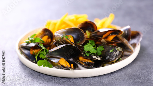 Obraz na płótnie plate of steamed mussel with parsley and french fry on a white dish over a grey background w salonie