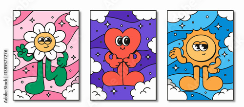 Groovy hippie 70s posters. Funny cartoon flower, heart, love, daisy etc. Vector cards in trendy retro psychedelic cartoon style. Vector backgrounds. Stay groovy. Good vibes.