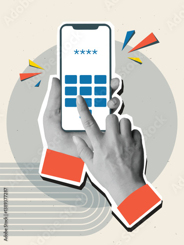 Black and white hands holding a phone while entering the password or pin-code. Security concept. Modern photo collage style. Vector illustration