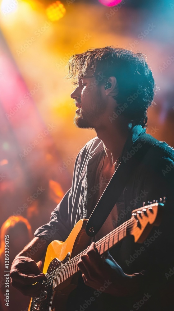 Obraz premium Guitarist playing electric guitar on stage during concert