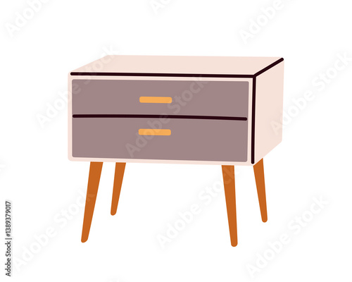 Nightstand with drawers, wooden legs. Scandinavian style bedside table, night stand in modern retro design. Mid-century furnishing for bedroom. Flat vector illustration isolated on white background