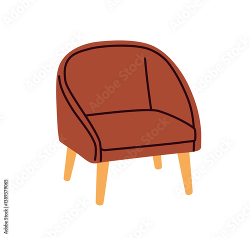 Armchair with upholstered seat. Cozy home furniture for comfortable sitting. Scandinavian style lounge chair, modern retro mid-century design. Flat vector illustration isolated on white background