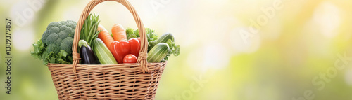 wicker basket filled with fresh vegetables like broccoli, carrots, and bell peppers, showcasing vibrant colors and healthy