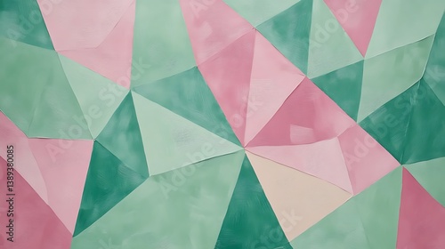 Abstract geometric pastel pink and green triangle pattern background.