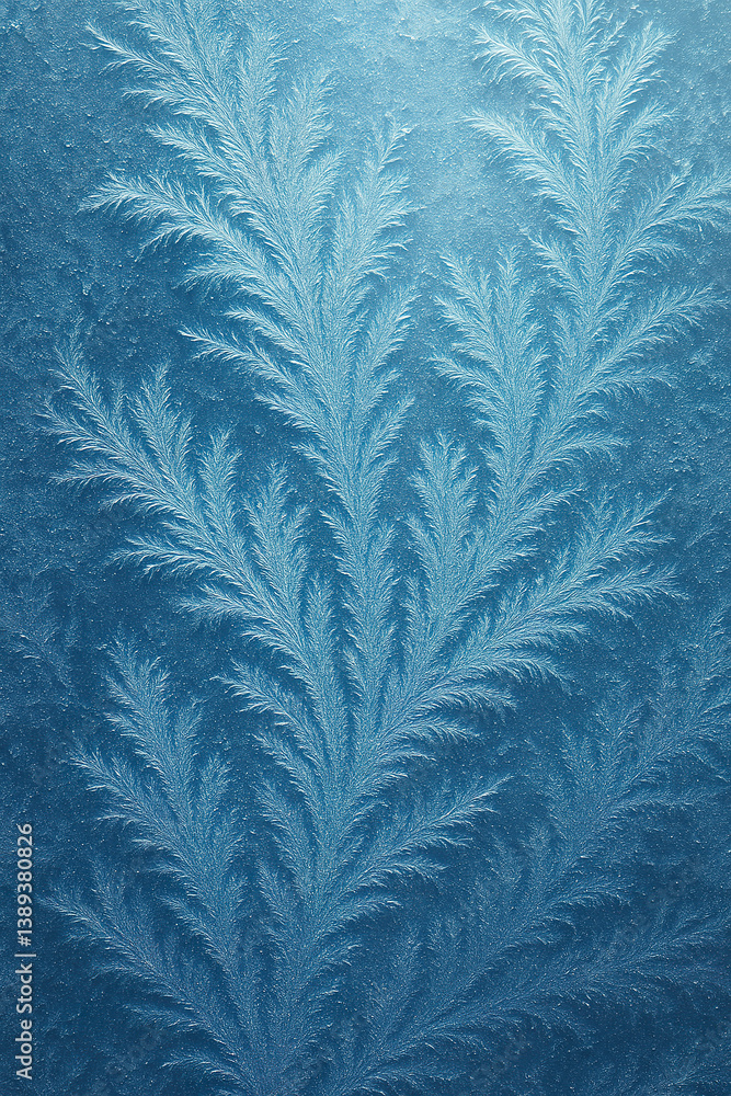 Delicate icy frost branches spreading across frozen blue glass surface