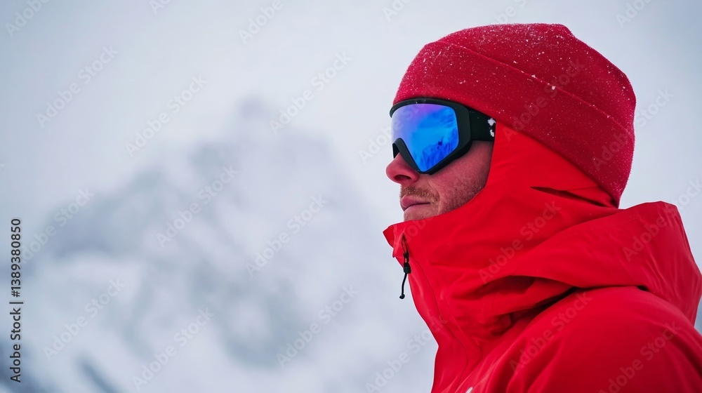 Outdoor adventure in snowy mountains featuring a skier in vibrant red gear with protective goggles Outdoor adventure in snowy mountains featuring a skier in vibrant red gear with protective goggles