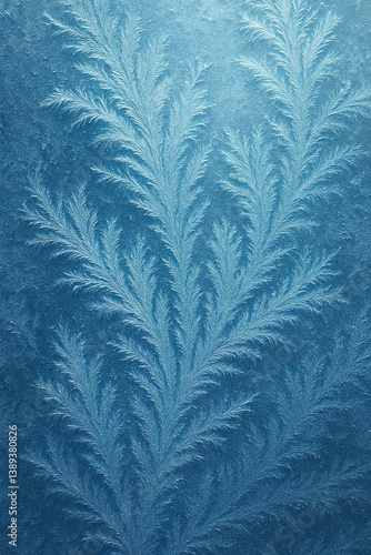 Obraz na płótnie Delicate icy frost branches spreading across frozen blue glass surface w salonie