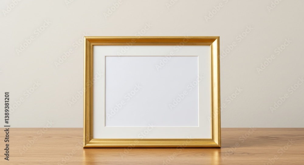 Golden Frame Mockup on Wooden Table - Elegant gold picture frame with white mat, perfect for displaying cherished memories or artwork. Symbolizing: elegance, memories, presentation, artistry Golden Frame Mockup on Wooden Table - Elegant gold picture frame with white mat, perfect for displaying cherished memories or artwork. Symbolizing: elegance, memories, presentation, artistry