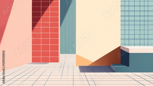 Abstract geometric pastel room interior.