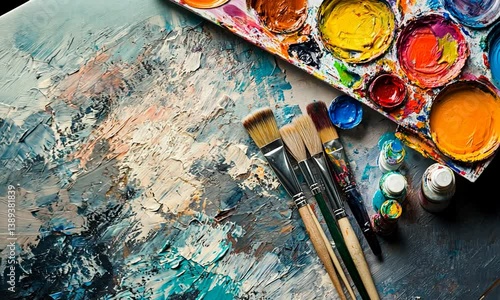 Colorful paint palette and brushes arranged on a textured canvas with vibrant strokes in background