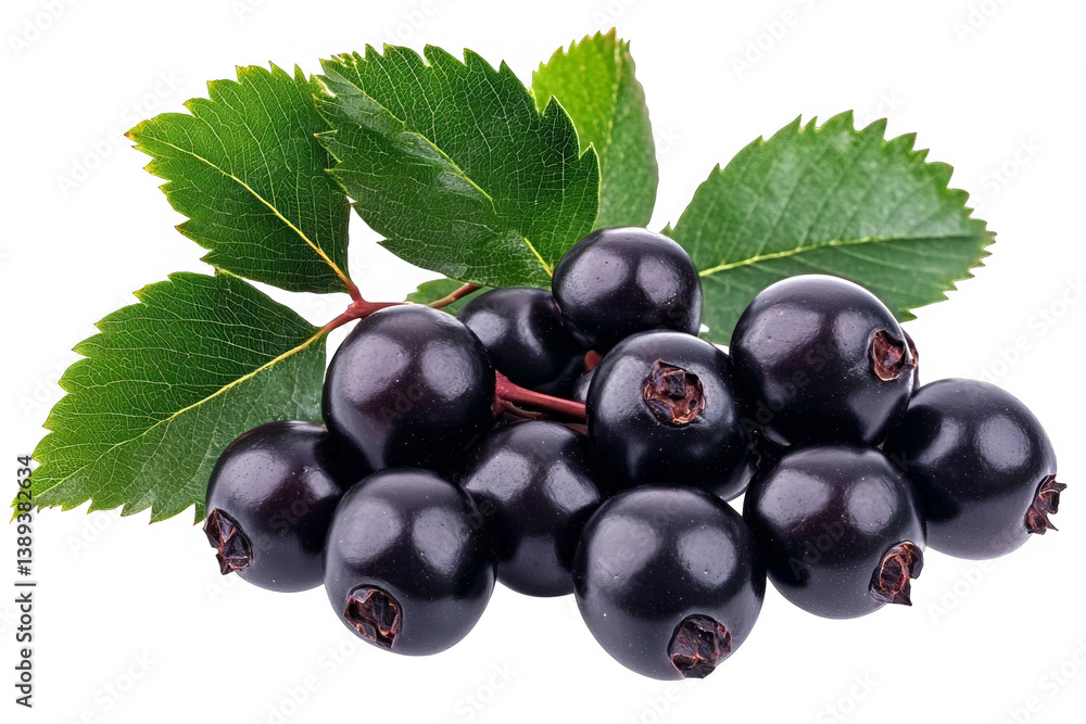 Isolated PNG Photo of Black Berries with Green Leaves on Transparent Background