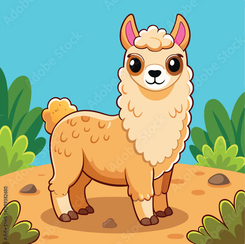 Cute Cartoon Llama Standing In Nature Background Illustration For Children Design