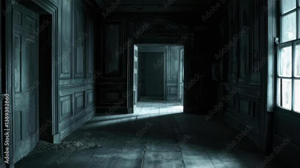 Eerie, dimly lit hallway with open doors, captured from a low-angle, evokes a haunting video game atmosphere with shadowy, mysterious vibes. Eerie, dimly lit hallway with open doors, captured from a low-angle, evokes a haunting video game atmosphere with shadowy, mysterious vibes.