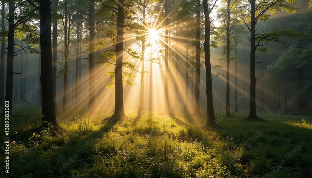 Obraz premium A serene forest scene with sunlight streaming through trees, creating a tranquil atmosphere in nature's beauty., 3D render