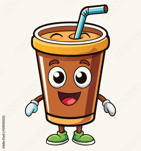 Happy Cartoon Coffee Cup Character With Straw And Shoes Illustration