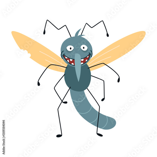 Cartoon mosquito, funny character. Bloodsucker insect, color flat icon. Cute mosquito isolated vector illustration