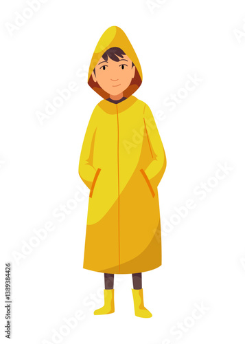 People wait for public transport. Young guy in yellow raincoat wait. Cartoon flat vector illustration